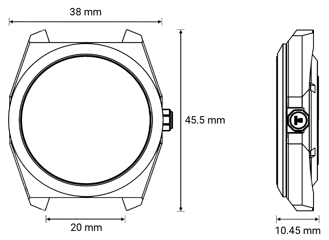 Technical drawing of the case with its dimensions