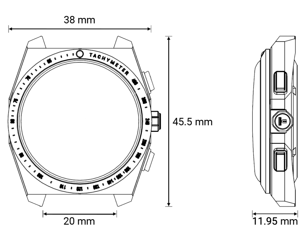 Technical drawing of the case with its dimensions